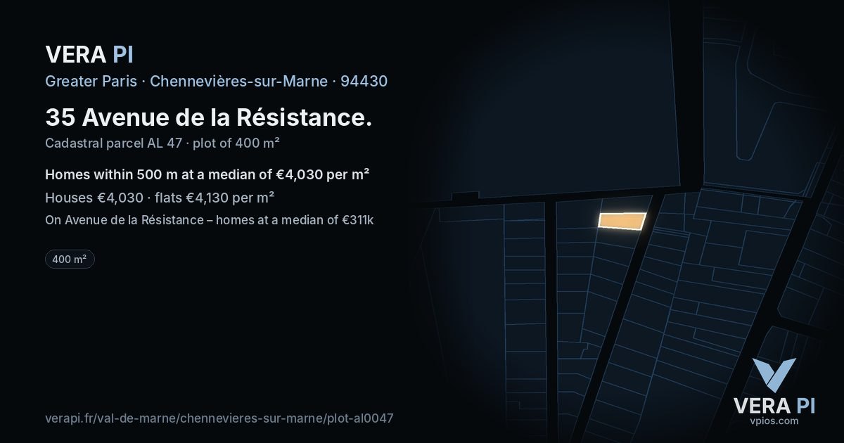 35 Avenue de la Résistance, Chennevières-sur-Marne at night – the plot lit, the parcels around coloured by the prices near them