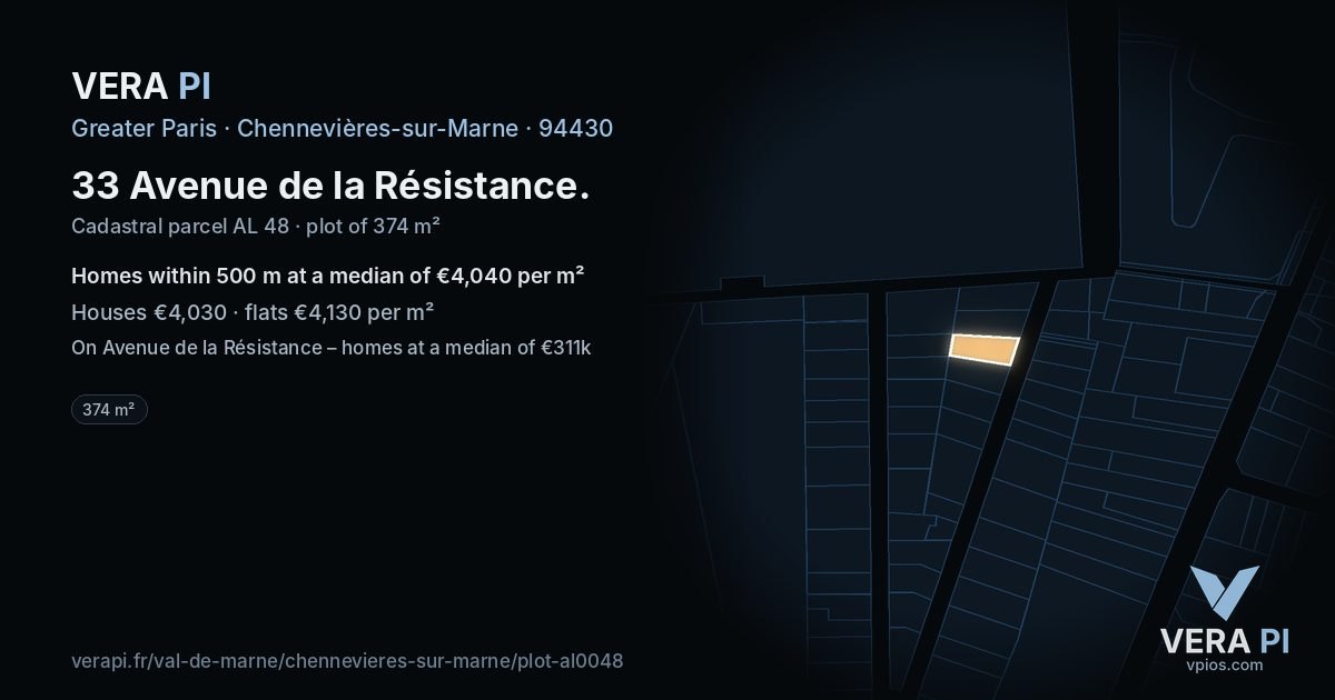 33 Avenue de la Résistance, Chennevières-sur-Marne at night – the plot lit, the parcels around coloured by the prices near them