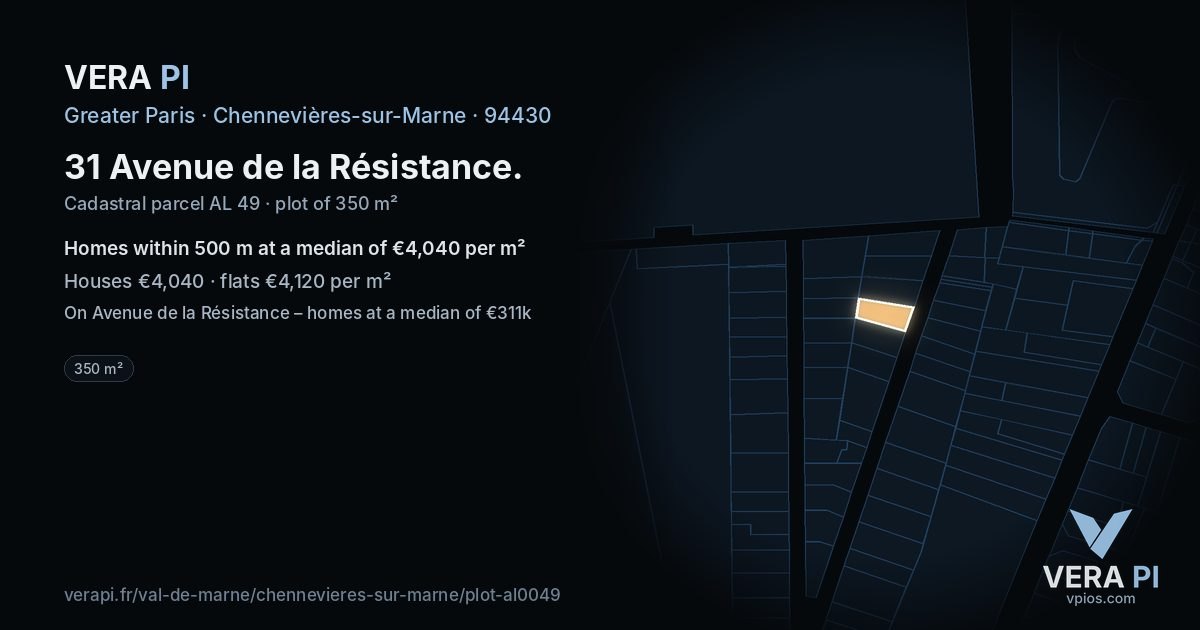 31 Avenue de la Résistance, Chennevières-sur-Marne at night – the plot lit, the parcels around coloured by the prices near them