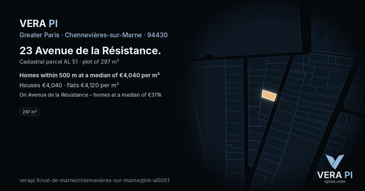 23 Avenue de la Résistance, Chennevières-sur-Marne at night – the plot lit, the parcels around coloured by the prices near them