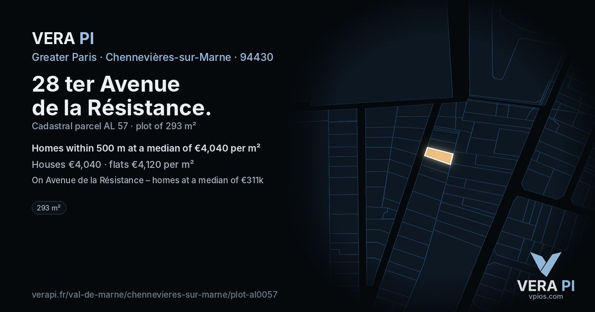 28 ter Avenue de la Résistance, Chennevières-sur-Marne at night – the plot lit, the parcels around coloured by the prices near them