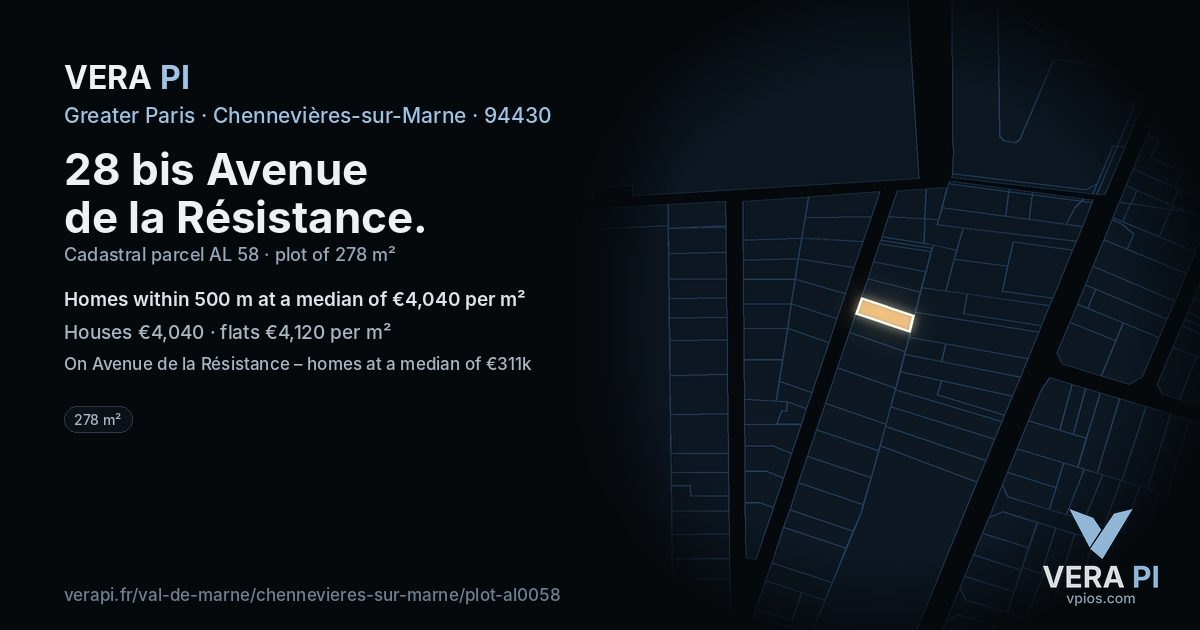 28 bis Avenue de la Résistance, Chennevières-sur-Marne at night – the plot lit, the parcels around coloured by the prices near them