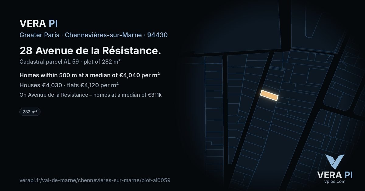 28 Avenue de la Résistance, Chennevières-sur-Marne at night – the plot lit, the parcels around coloured by the prices near them