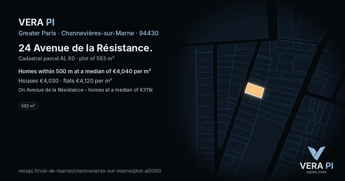 24 Avenue de la Résistance, Chennevières-sur-Marne at night – the plot lit, the parcels around coloured by the prices near them