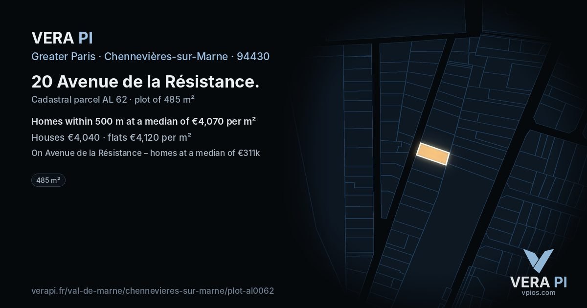 20 Avenue de la Résistance, Chennevières-sur-Marne at night – the plot lit, the parcels around coloured by the prices near them