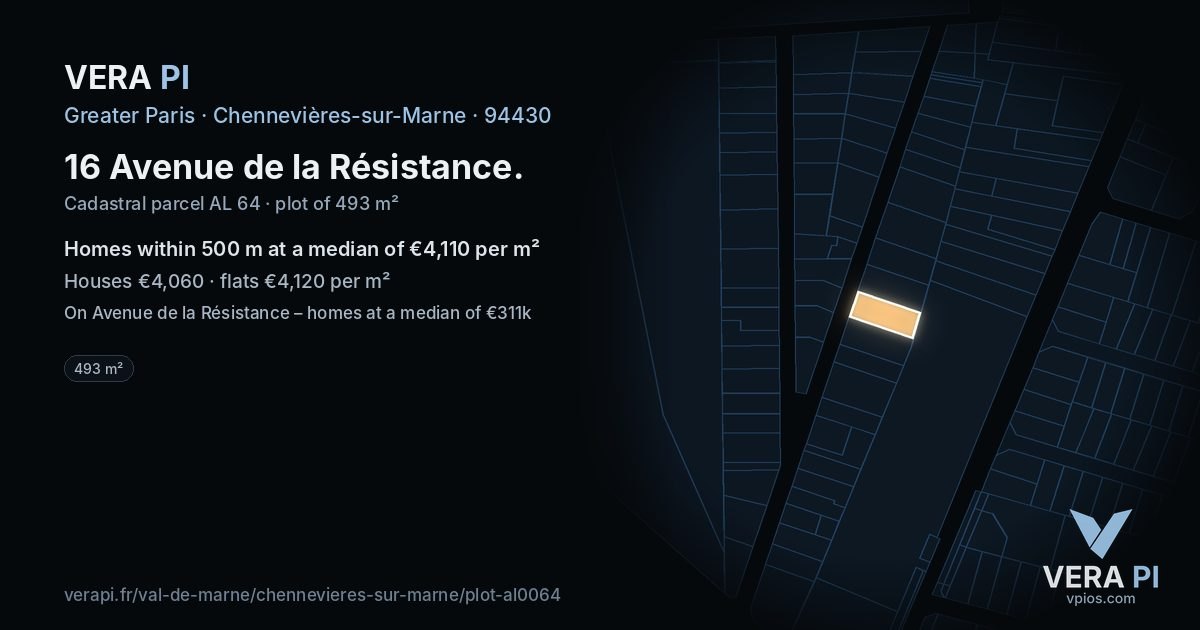 16 Avenue de la Résistance, Chennevières-sur-Marne at night – the plot lit, the parcels around coloured by the prices near them
