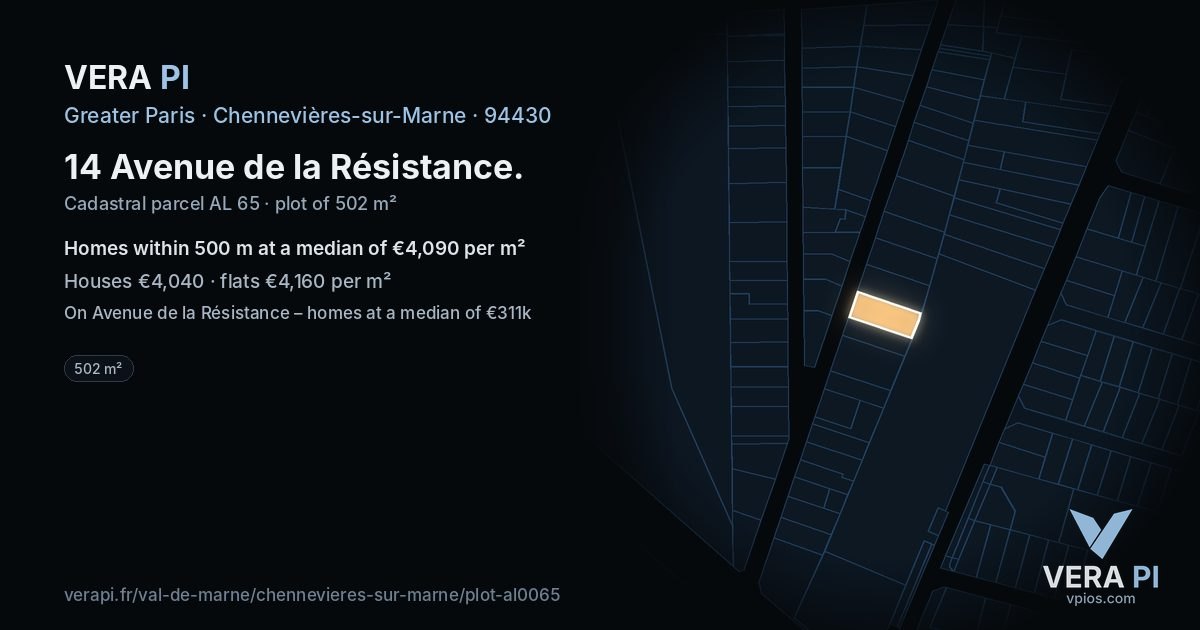 14 Avenue de la Résistance, Chennevières-sur-Marne at night – the plot lit, the parcels around coloured by the prices near them