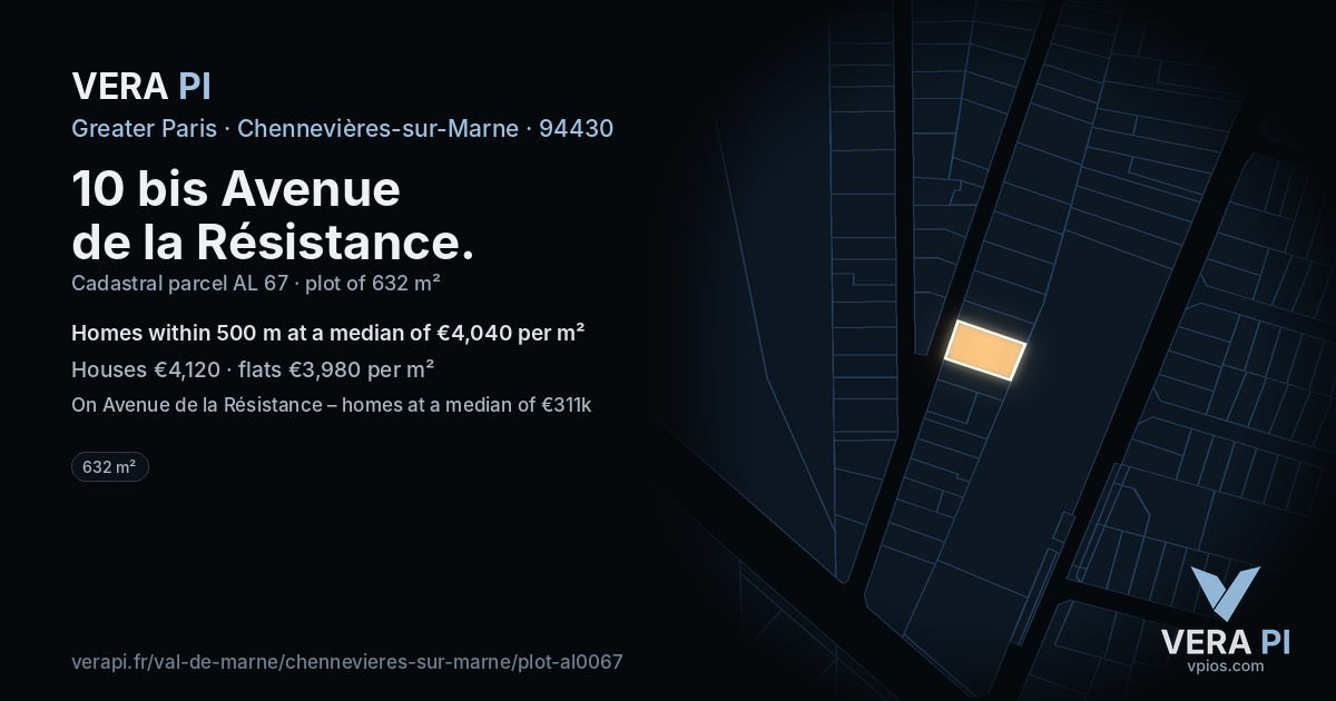 10 bis Avenue de la Résistance, Chennevières-sur-Marne at night – the plot lit, the parcels around coloured by the prices near them