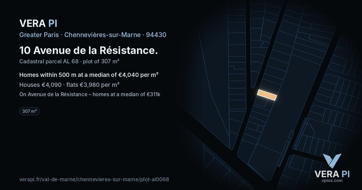 10 Avenue de la Résistance, Chennevières-sur-Marne at night – the plot lit, the parcels around coloured by the prices near them