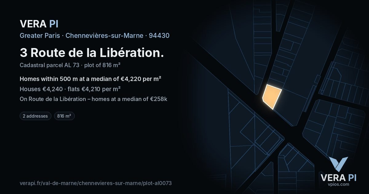 3 Route de la Libération, Chennevières-sur-Marne at night – the plot lit, the parcels around coloured by the prices near them
