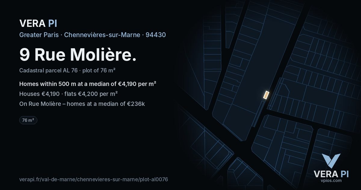 9 Rue Molière, Chennevières-sur-Marne at night – the plot lit, the parcels around coloured by the prices near them