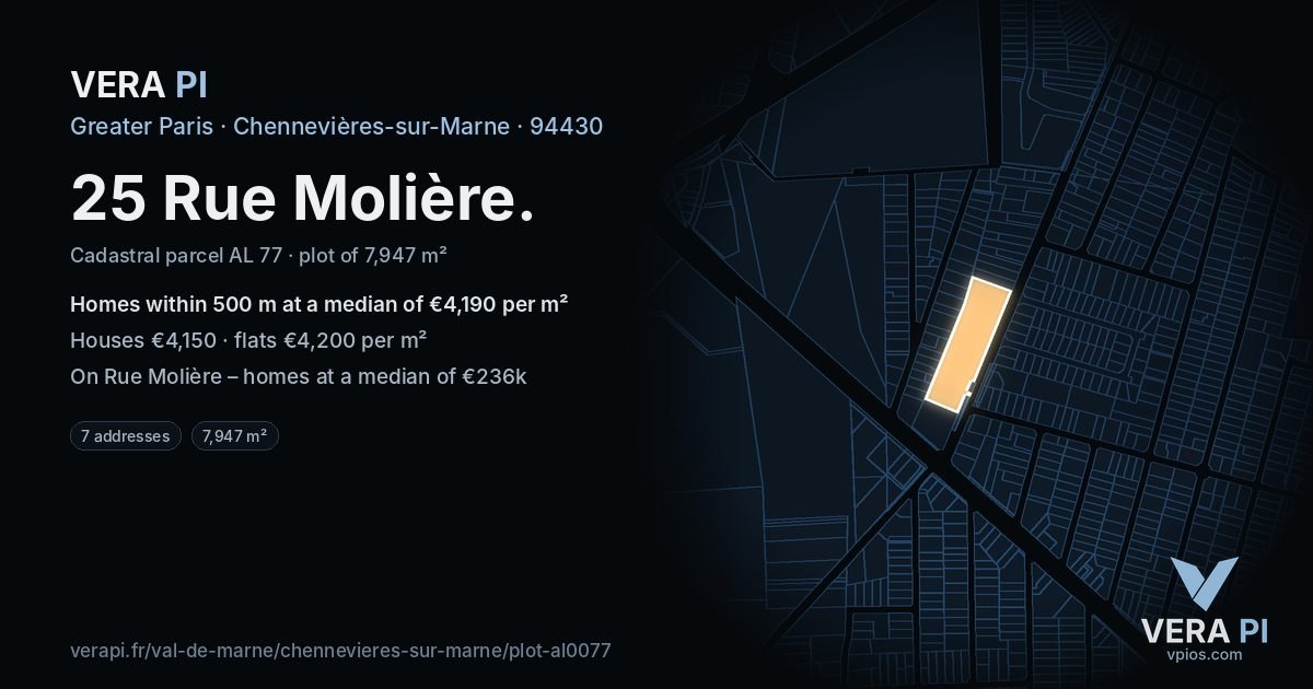 25 Rue Molière, Chennevières-sur-Marne at night – the plot lit, the parcels around coloured by the prices near them