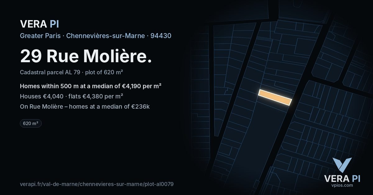 29 Rue Molière, Chennevières-sur-Marne at night – the plot lit, the parcels around coloured by the prices near them