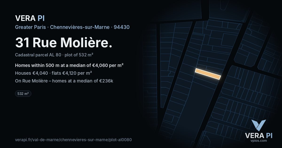 31 Rue Molière, Chennevières-sur-Marne at night – the plot lit, the parcels around coloured by the prices near them