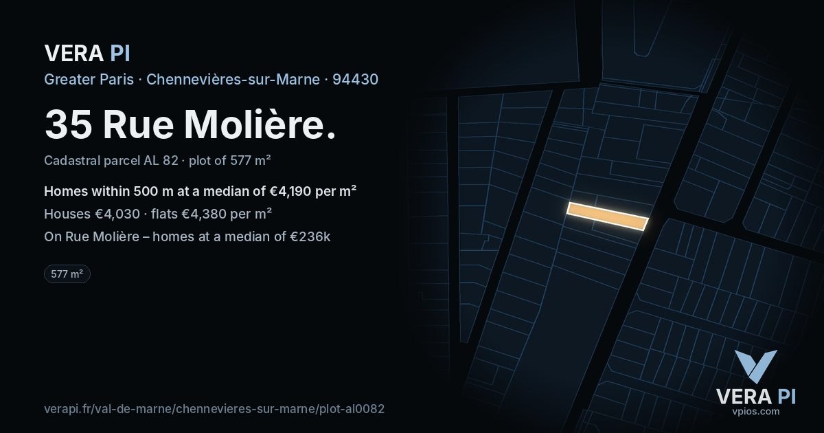 35 Rue Molière, Chennevières-sur-Marne at night – the plot lit, the parcels around coloured by the prices near them