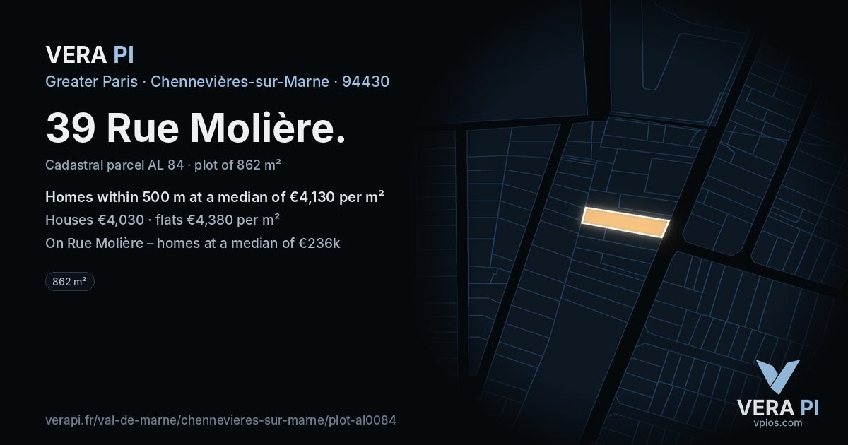 39 Rue Molière, Chennevières-sur-Marne at night – the plot lit, the parcels around coloured by the prices near them