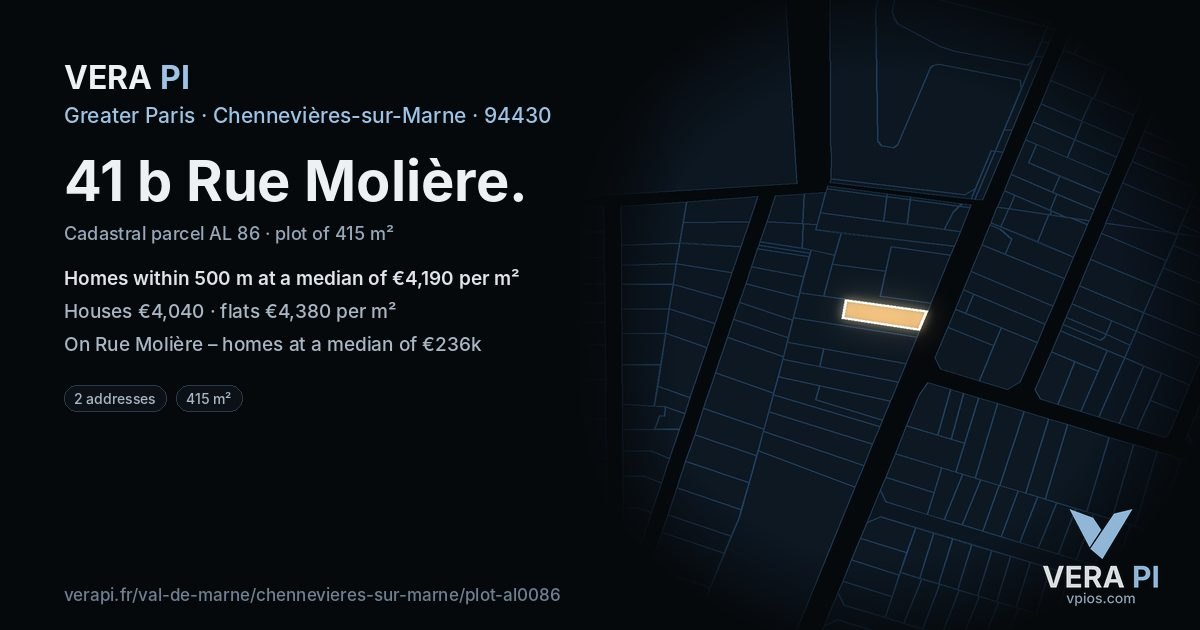 41 b Rue Molière, Chennevières-sur-Marne at night – the plot lit, the parcels around coloured by the prices near them