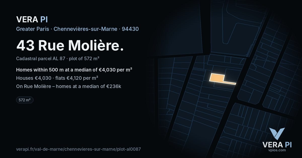 43 Rue Molière, Chennevières-sur-Marne at night – the plot lit, the parcels around coloured by the prices near them