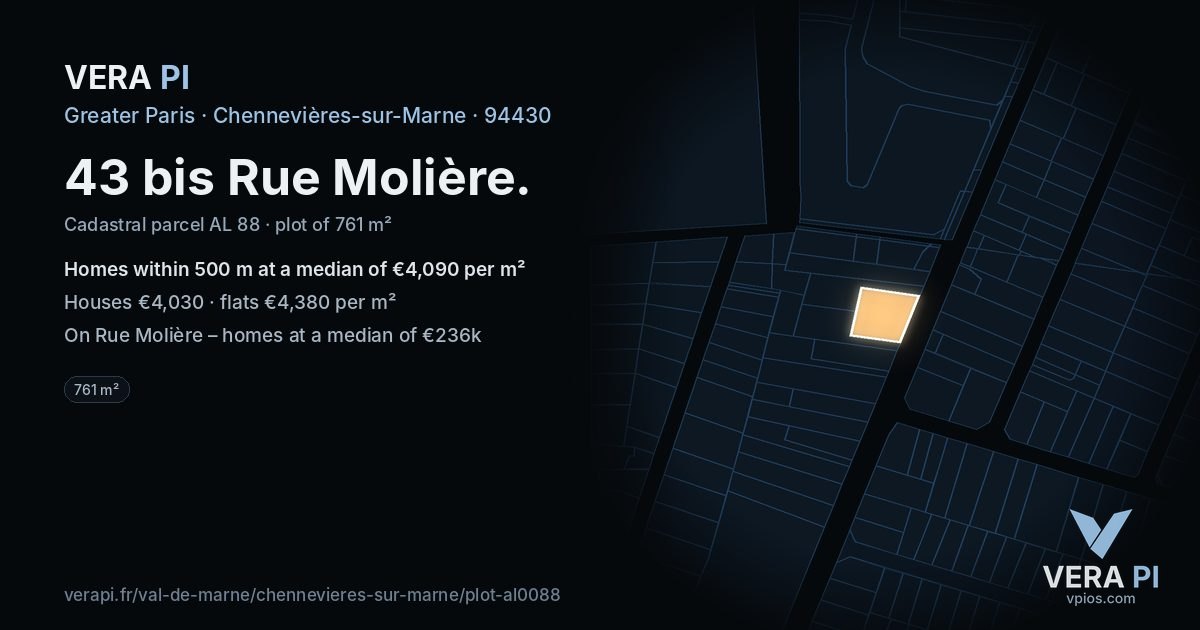 43 bis Rue Molière, Chennevières-sur-Marne at night – the plot lit, the parcels around coloured by the prices near them