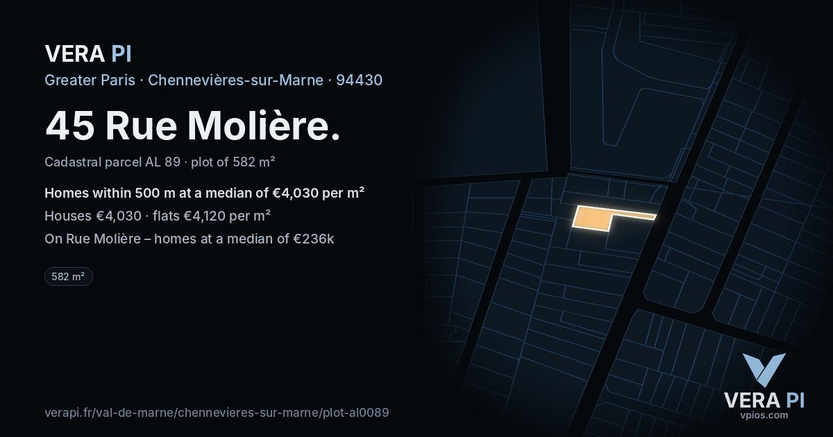 45 Rue Molière, Chennevières-sur-Marne at night – the plot lit, the parcels around coloured by the prices near them