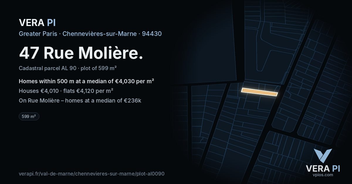 47 Rue Molière, Chennevières-sur-Marne at night – the plot lit, the parcels around coloured by the prices near them
