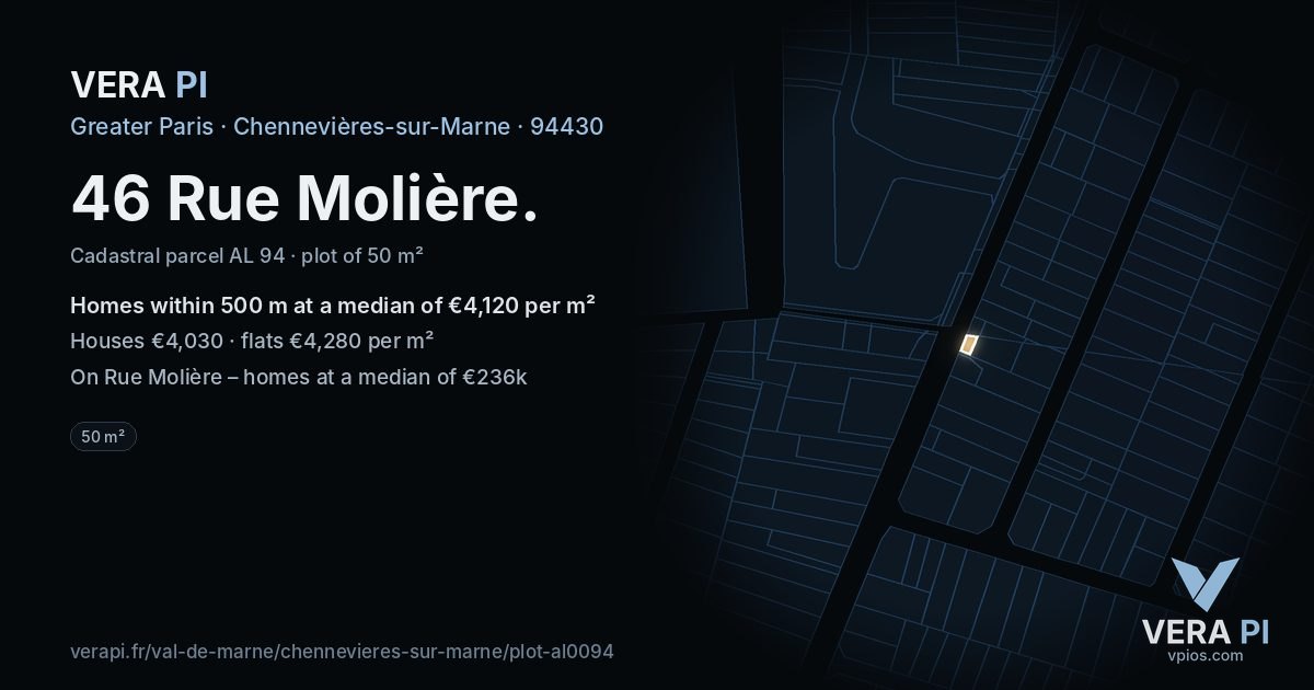 46 Rue Molière, Chennevières-sur-Marne at night – the plot lit, the parcels around coloured by the prices near them