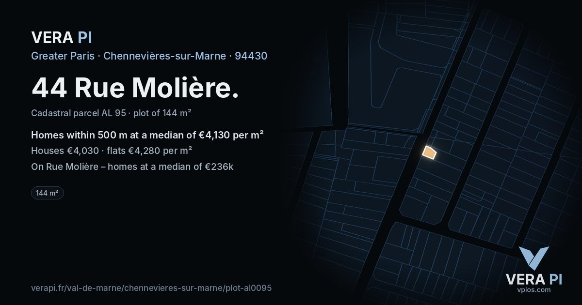 44 Rue Molière, Chennevières-sur-Marne at night – the plot lit, the parcels around coloured by the prices near them