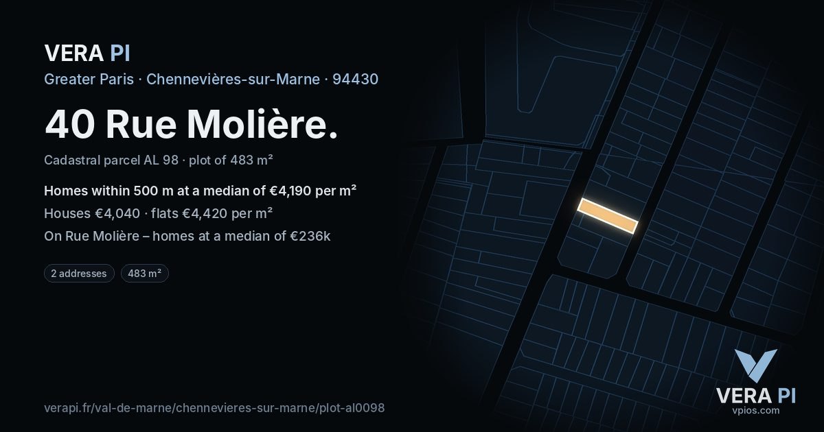 40 Rue Molière, Chennevières-sur-Marne at night – the plot lit, the parcels around coloured by the prices near them