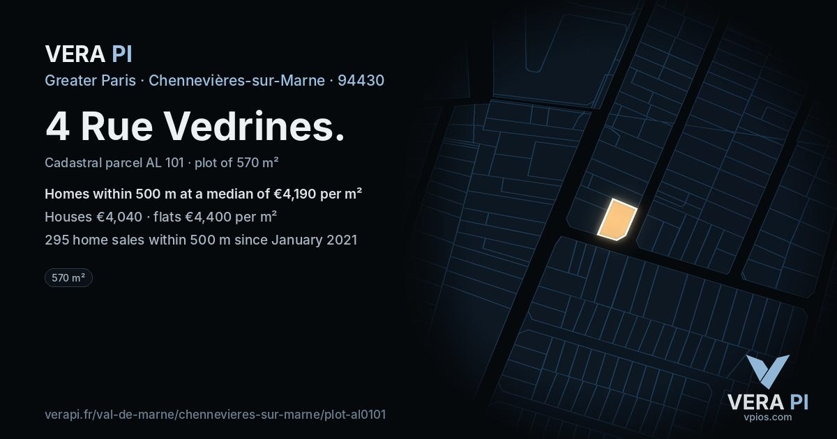 4 Rue Vedrines, Chennevières-sur-Marne at night – the plot lit, the parcels around coloured by the prices near them