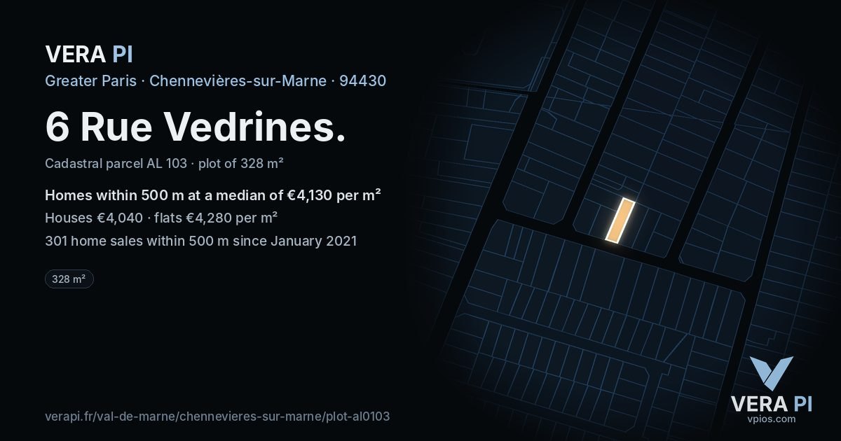 6 Rue Vedrines, Chennevières-sur-Marne at night – the plot lit, the parcels around coloured by the prices near them