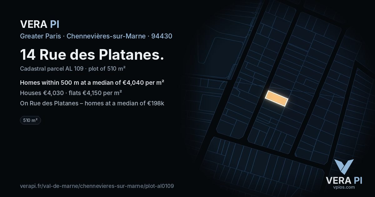 14 Rue des Platanes, Chennevières-sur-Marne at night – the plot lit, the parcels around coloured by the prices near them