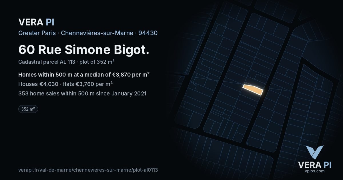 60 Rue Simone Bigot, Chennevières-sur-Marne at night – the plot lit, the parcels around coloured by the prices near them