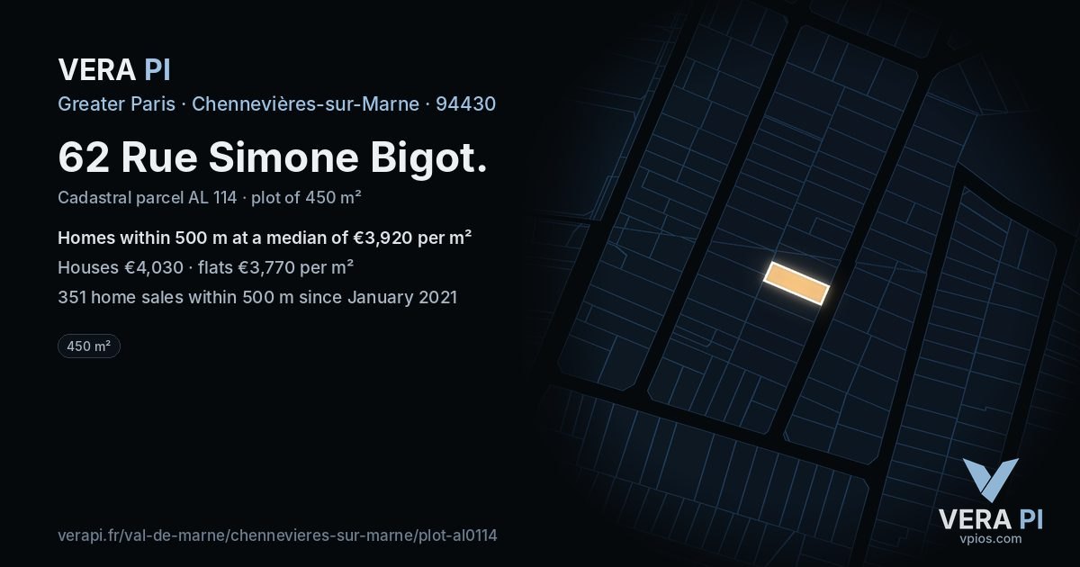 62 Rue Simone Bigot, Chennevières-sur-Marne at night – the plot lit, the parcels around coloured by the prices near them