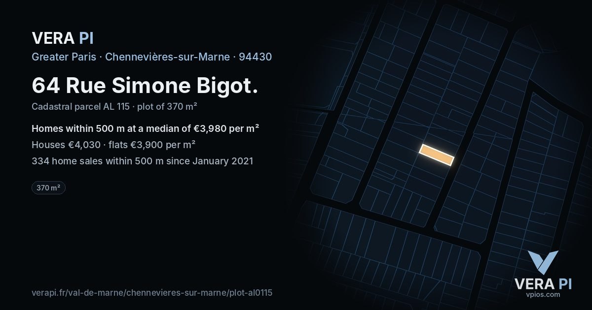 64 Rue Simone Bigot, Chennevières-sur-Marne at night – the plot lit, the parcels around coloured by the prices near them