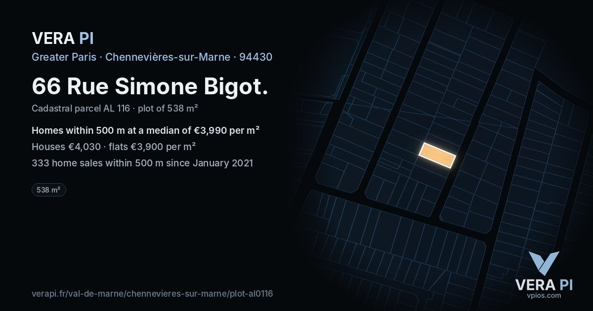 66 Rue Simone Bigot, Chennevières-sur-Marne at night – the plot lit, the parcels around coloured by the prices near them