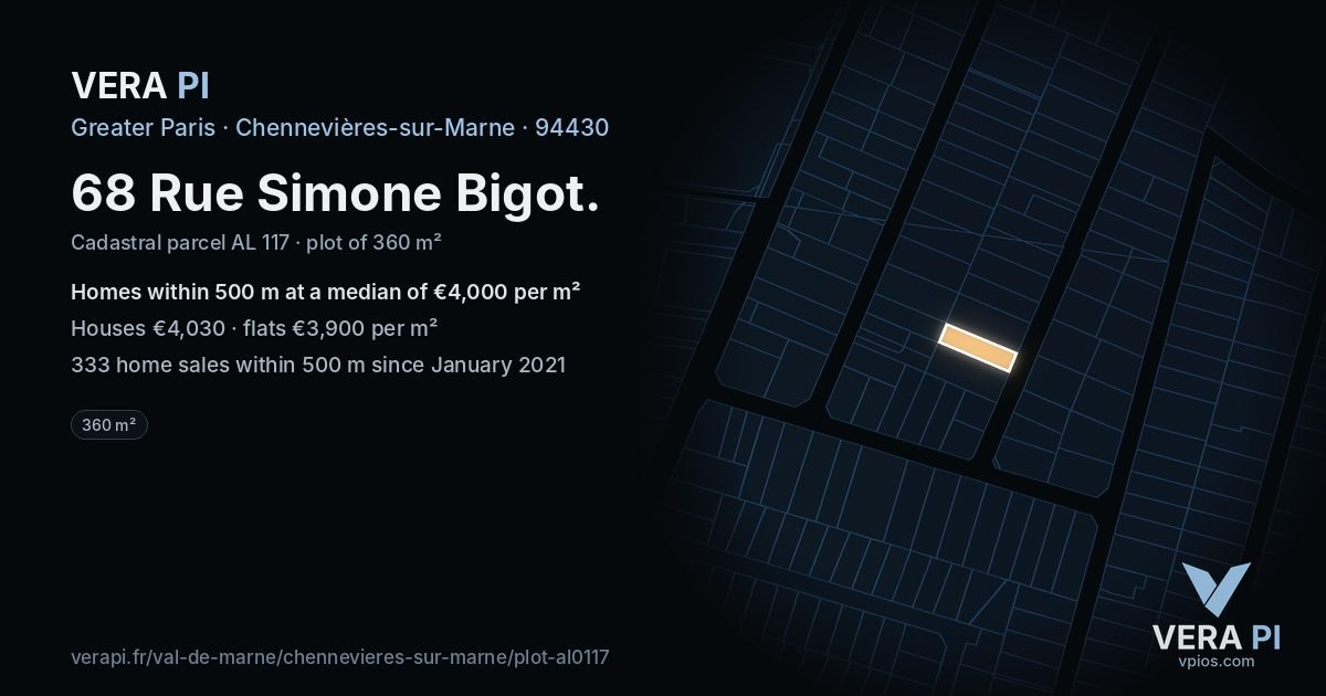 68 Rue Simone Bigot, Chennevières-sur-Marne at night – the plot lit, the parcels around coloured by the prices near them