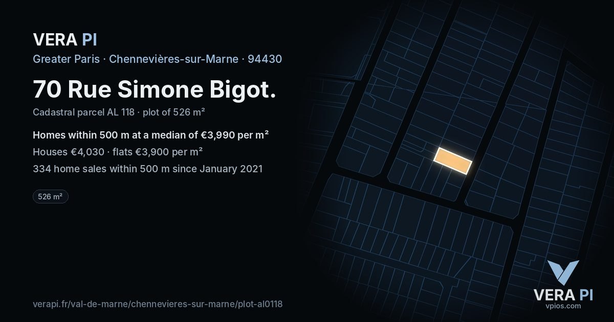 70 Rue Simone Bigot, Chennevières-sur-Marne at night – the plot lit, the parcels around coloured by the prices near them