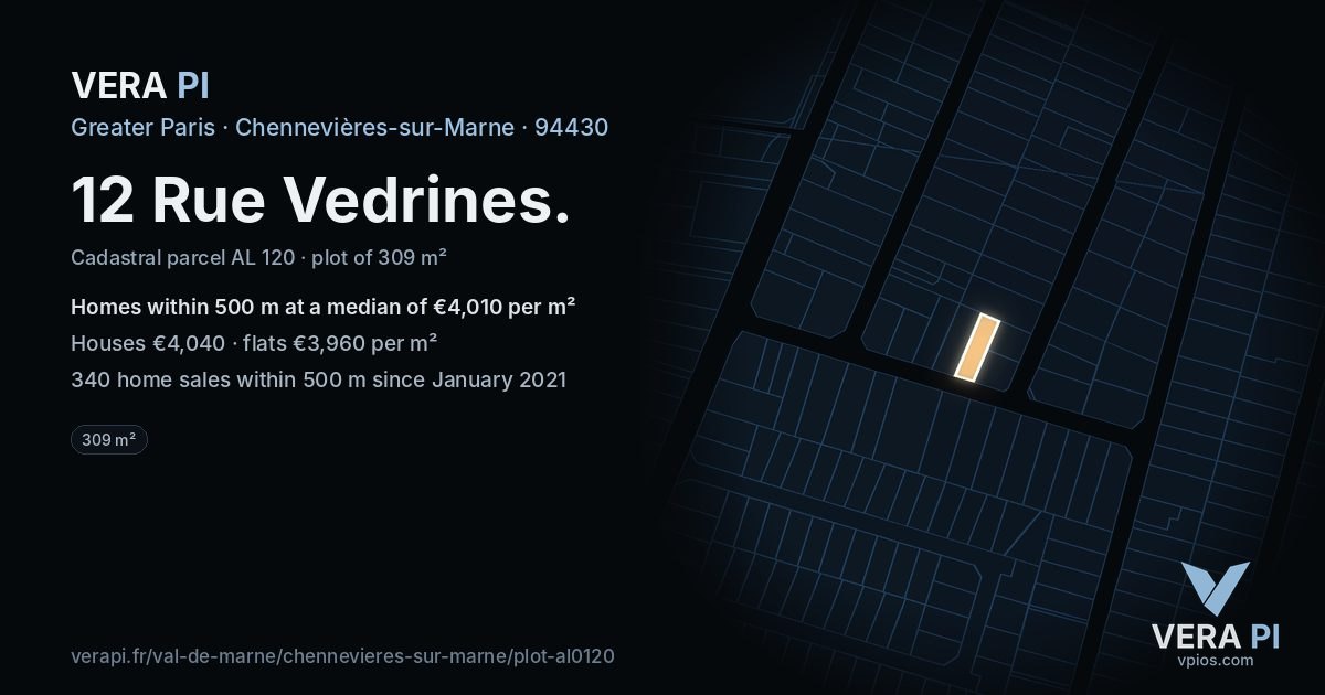 12 Rue Vedrines, Chennevières-sur-Marne at night – the plot lit, the parcels around coloured by the prices near them