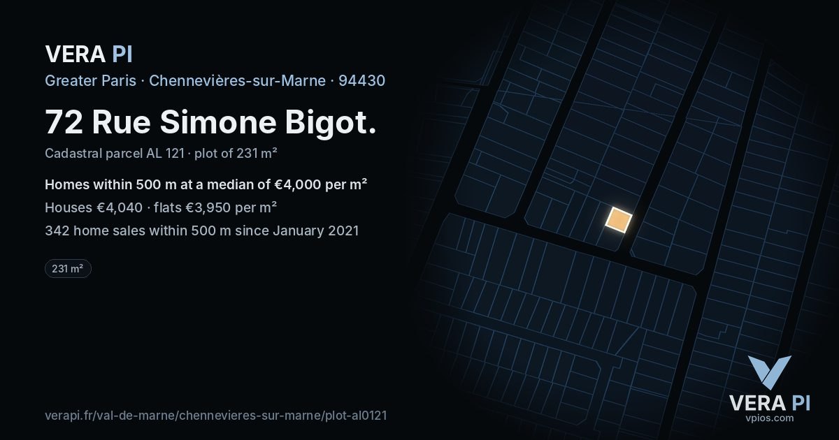 72 Rue Simone Bigot, Chennevières-sur-Marne at night – the plot lit, the parcels around coloured by the prices near them