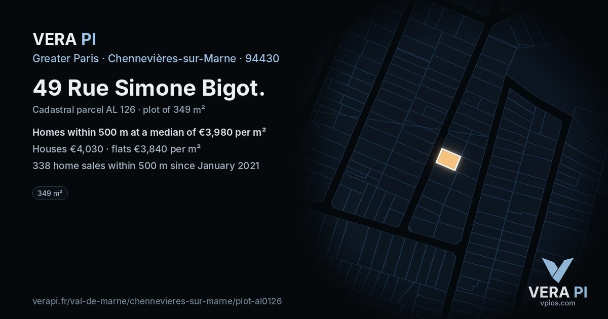 49 Rue Simone Bigot, Chennevières-sur-Marne at night – the plot lit, the parcels around coloured by the prices near them