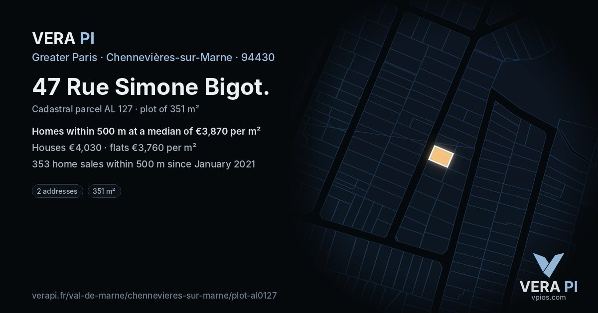 47 Rue Simone Bigot, Chennevières-sur-Marne at night – the plot lit, the parcels around coloured by the prices near them