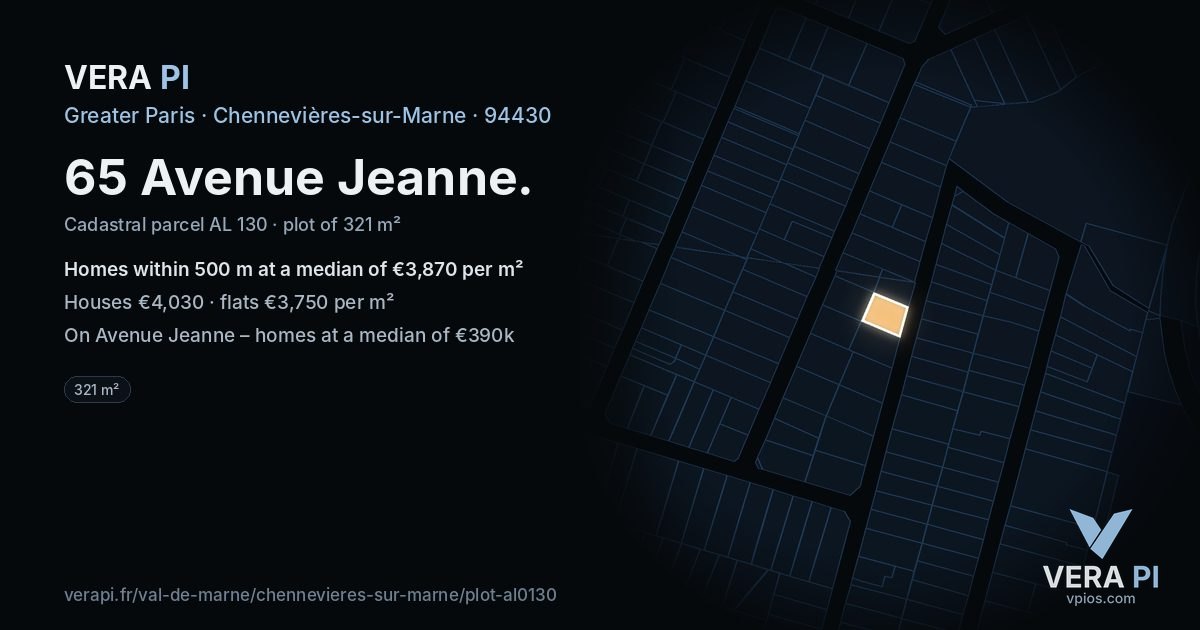 65 Avenue Jeanne, Chennevières-sur-Marne at night – the plot lit, the parcels around coloured by the prices near them