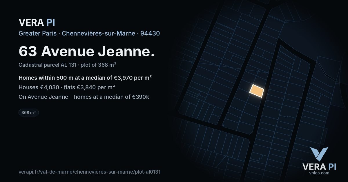 63 Avenue Jeanne, Chennevières-sur-Marne at night – the plot lit, the parcels around coloured by the prices near them