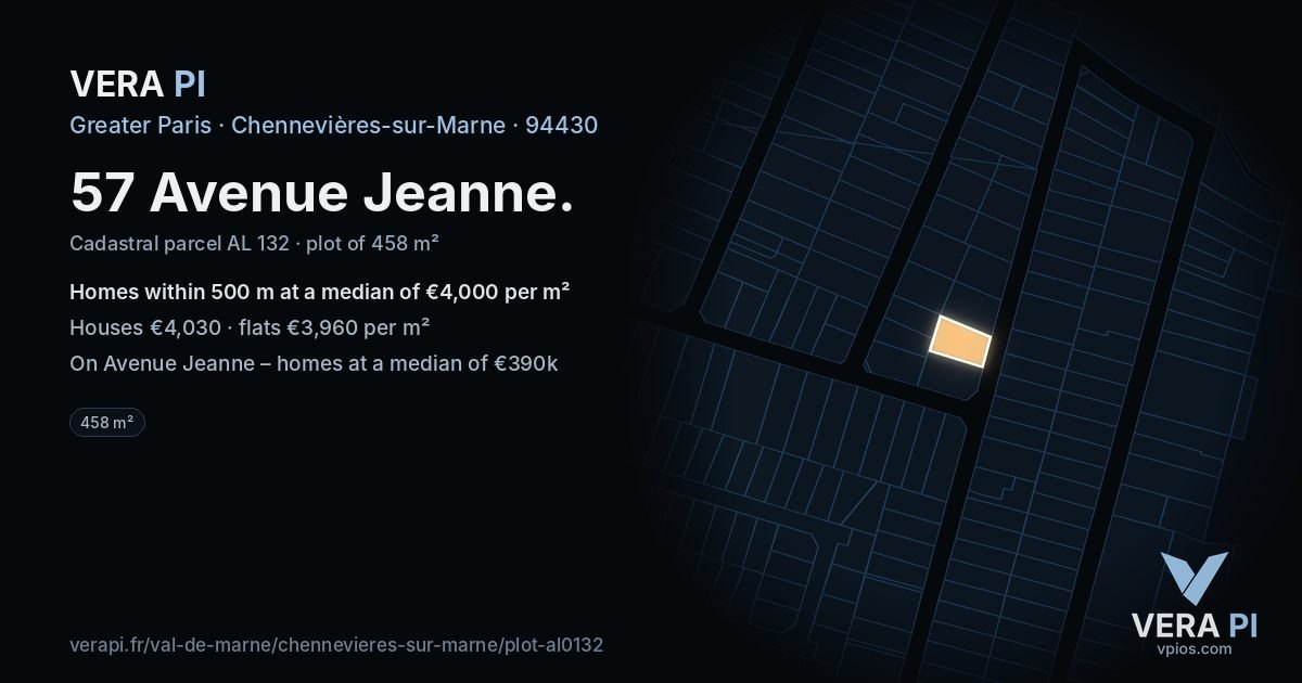 57 Avenue Jeanne, Chennevières-sur-Marne at night – the plot lit, the parcels around coloured by the prices near them