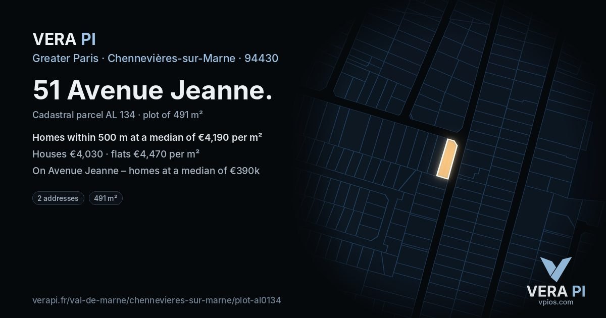 51 Avenue Jeanne, Chennevières-sur-Marne at night – the plot lit, the parcels around coloured by the prices near them