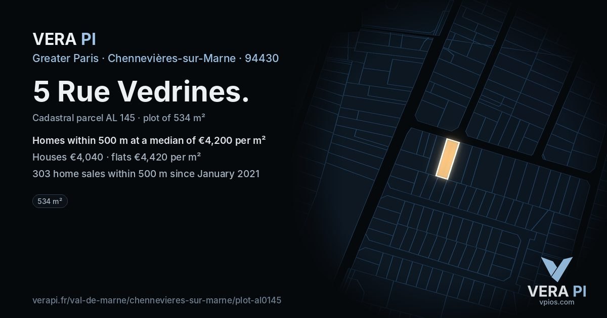 5 Rue Vedrines, Chennevières-sur-Marne at night – the plot lit, the parcels around coloured by the prices near them
