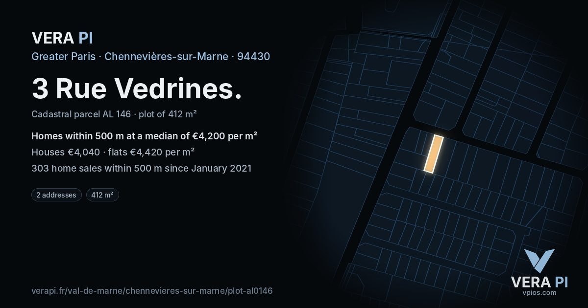 3 Rue Vedrines, Chennevières-sur-Marne at night – the plot lit, the parcels around coloured by the prices near them