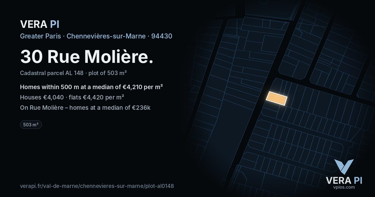 30 Rue Molière, Chennevières-sur-Marne at night – the plot lit, the parcels around coloured by the prices near them