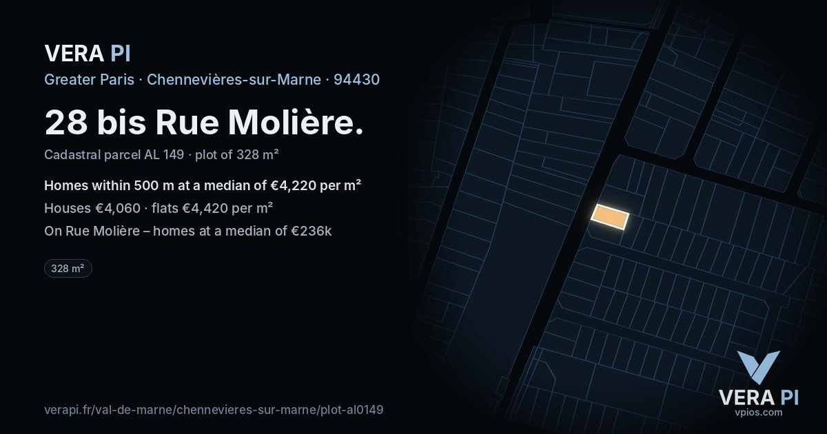 28 bis Rue Molière, Chennevières-sur-Marne at night – the plot lit, the parcels around coloured by the prices near them