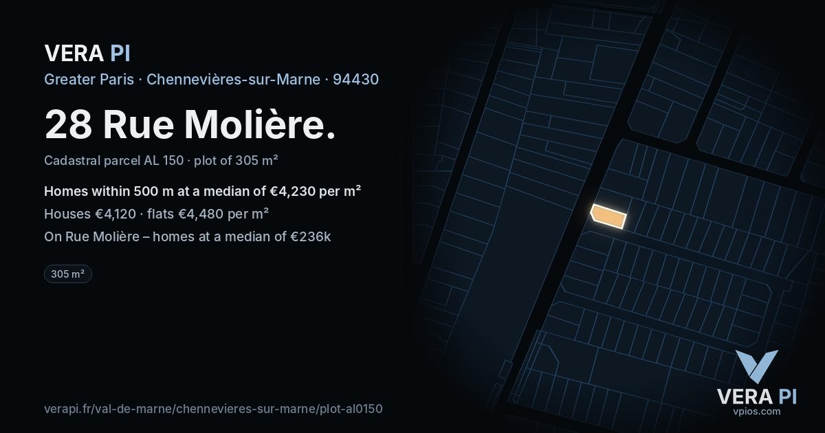 28 Rue Molière, Chennevières-sur-Marne at night – the plot lit, the parcels around coloured by the prices near them